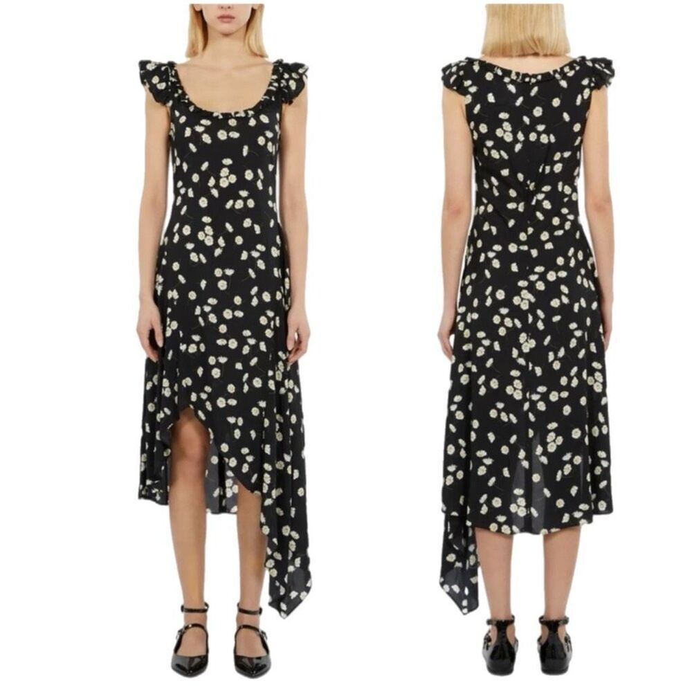 NWT The Kooples Women's Black White Daisy-print Asymmetric Hem Midi Dress. USA S